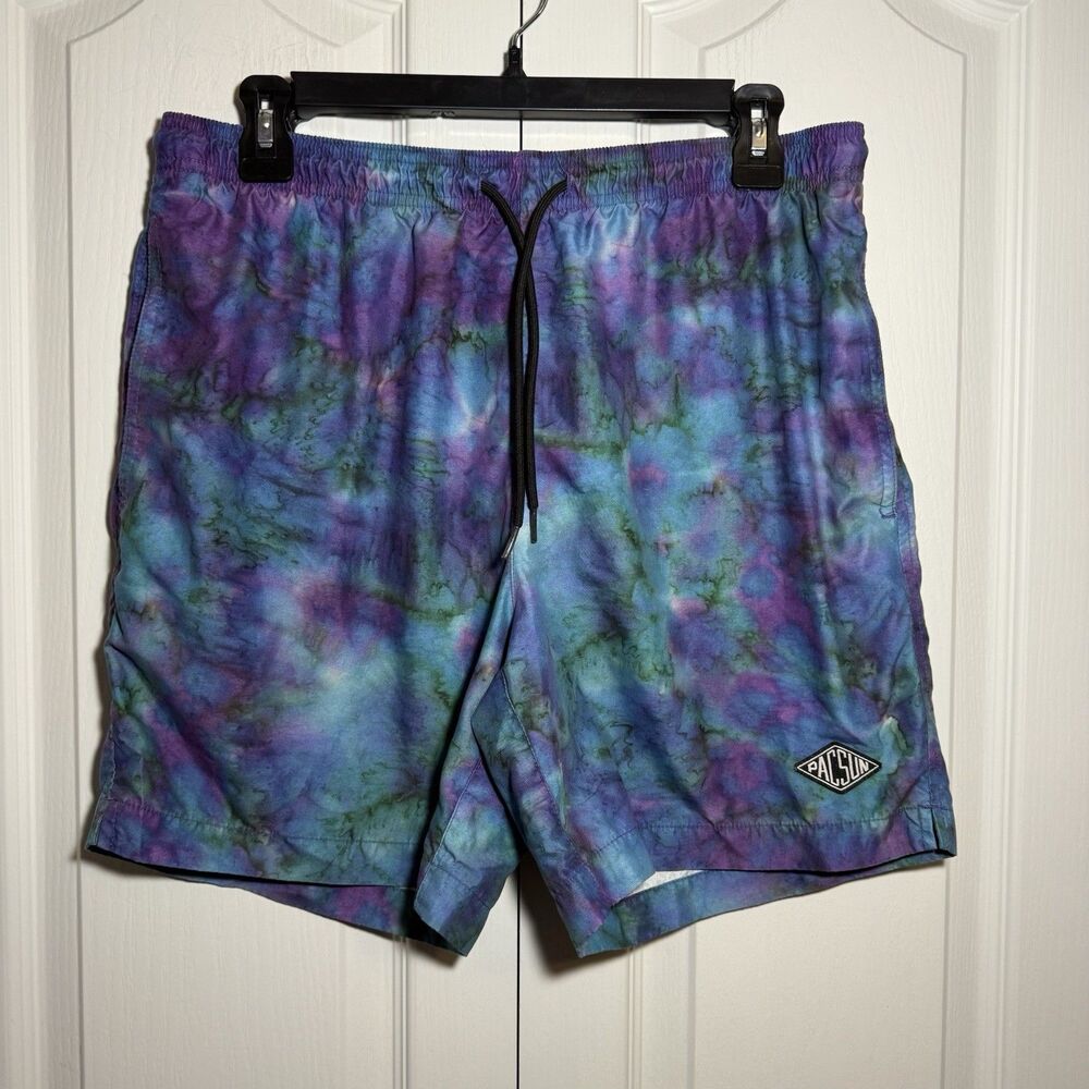 Pacsun Happy  Tie Dye 17” Swim Shorts Mens Medium Purple Blue  Trunks 6” Inseam